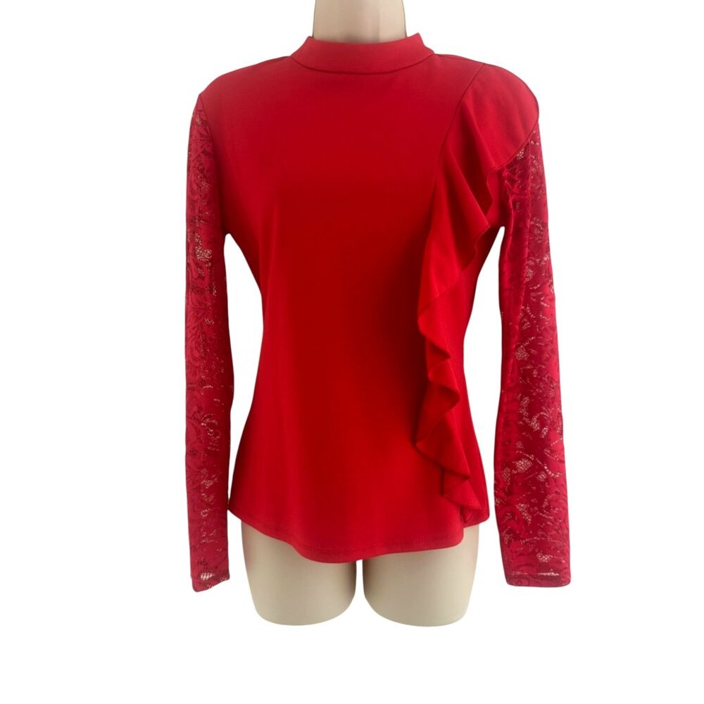 Venus Red Lace Long Sleeves Ruffle Knit Top Size S Christmas Holiday Evening‎